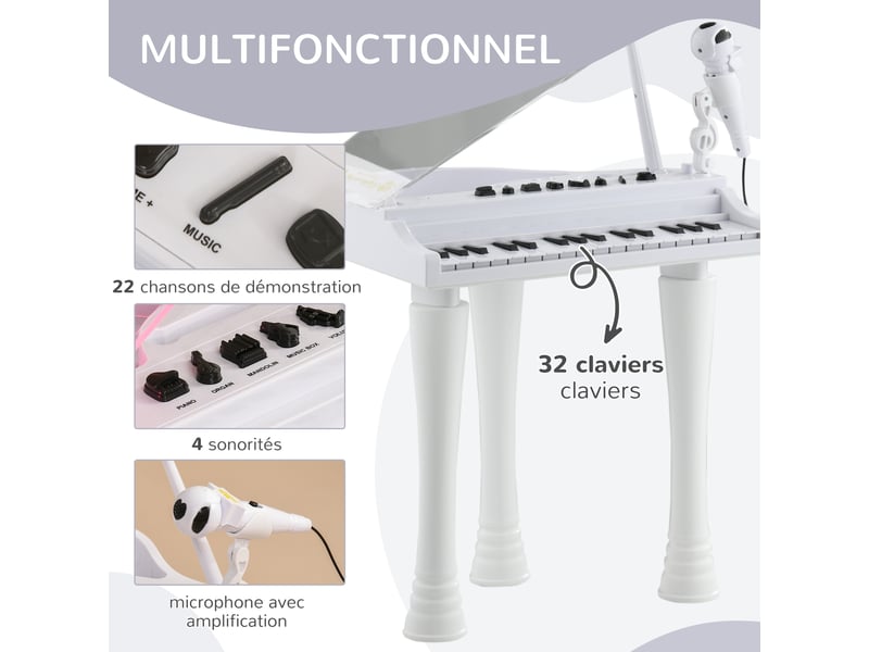  Piano enfant électronique 32 touches multifonctions avec micro haut parleur tabouret couvercle lumineux led blanc  - Conforama D