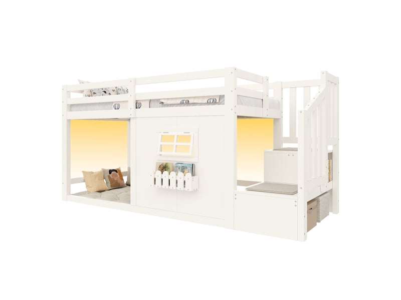 Lit surélevé enfant 90x200 cm blanc et naturel avec escalier de rangement et led - Conforama A