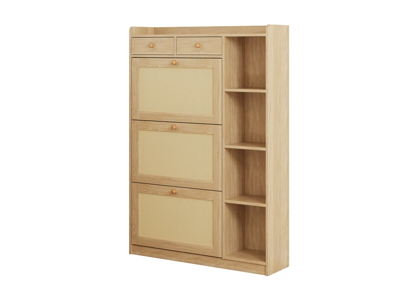  Meuble à chaussures oslo rotin 90x24x130 cm, 3 abattants, 2 tiroirs &amp; rangements latéraux  - Conforama E