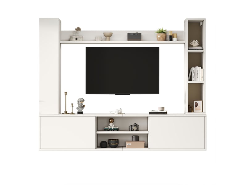  Ensemble meuble tv mural 180x35x33,5 cm avec rangements en panneau de particules blanc jusqu'à 50 pouces  - Conforama A