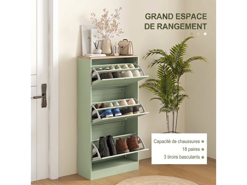  Meuble à chaussures style moderne, 3 portes abattantes, 18 paires de chaussures, 60 x 23,5 x 115 cm, vert  - Conforama D