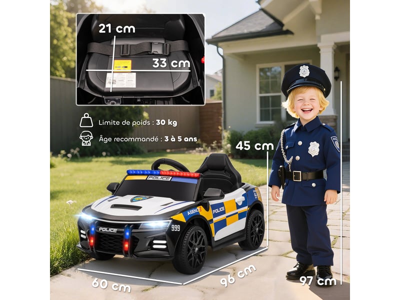  Voiture électrique de police enfant 12v, double moteur, télécommande, usb, mp3, musique &amp; klaxon, multicolore  - Conforama E