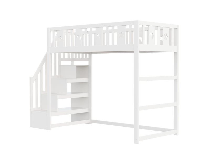 Lit mezzanine enfant 90x200 cm – blanc – escalier, étagères et espace de jeu intégré - sans matelas - Conforama D
