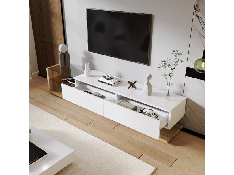 Meuble tv blanc brillant 170 cm avec led et 2 tiroirs  - Conforama E