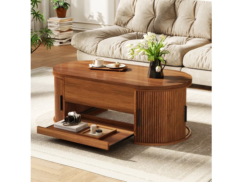  Table basse 110x55x55 cm, plateau escamotable, espace de rangement, table basse salon, pour intérieur, en mdf, marron  - Conforama D