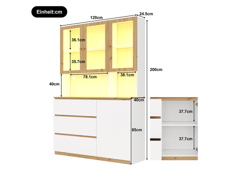  Vitrine avec éclairage led, armoire haute blanc et chêne 120x200 cm. Armoire de cuisine multifonction avec tiroirs et étagères en verre.  - Conforama C