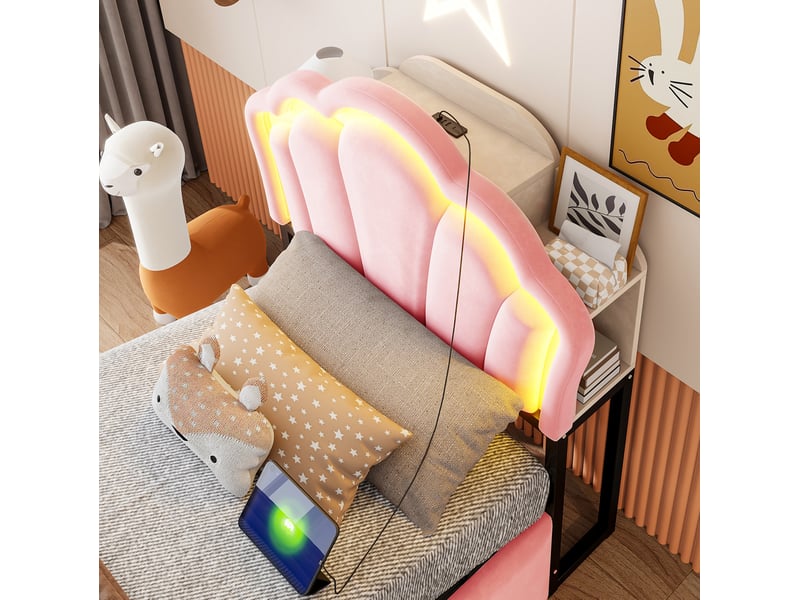  Lit, 90x200 cm, espace nuit, doté d’un espace de rangement hydraulique, led, matelas non inclus, velours, coloris rose  - Conforama E