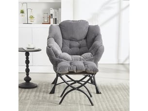 Fauteuil lounge gris avec repose-pieds, accoudoirs et poche latérale, idéal petit espace
