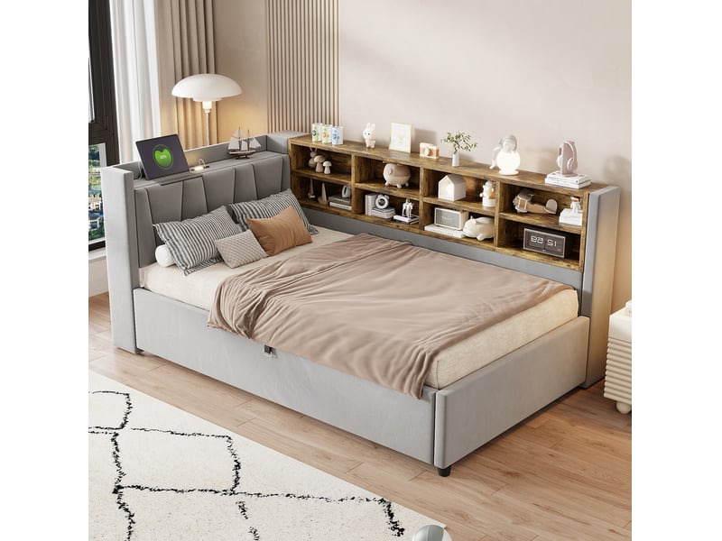  Lit banquette enfant 90x200 cm gris clair velours, rangement hydraulique, éclairage et ports usb  - Conforama B