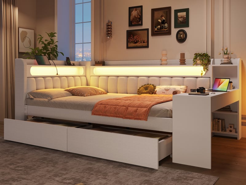  Lit de repos rembourré, 140x200 cm, lit enfant avec bureau, 2 tiroirs de rangement et bande led, blanc  - Conforama B