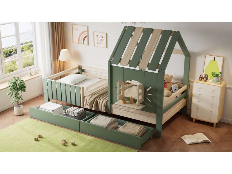  Lit cabane 90x200 cm avec tiroirs et garde-corps, vert  - Conforama W