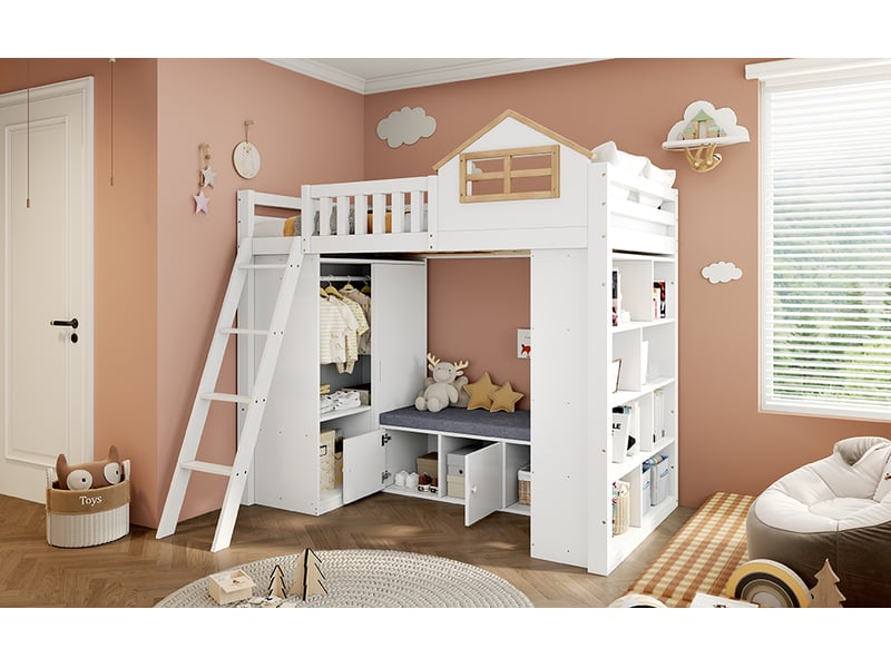  Lit superposé 90x200 cm blanc et naturel en bois avec design maison échelle armoire étagère ouverte et banc coffre Sol Morn - Conforama B