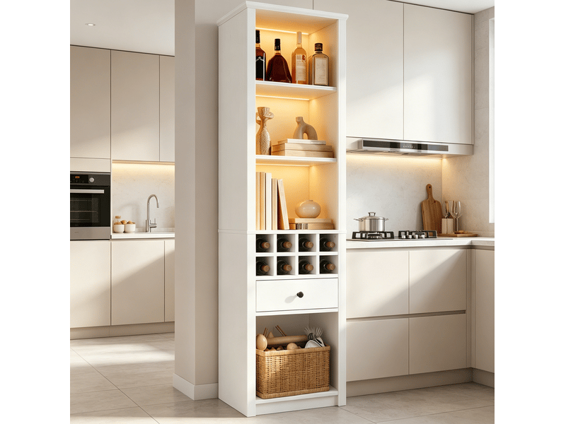 Vitrine ouverte avec led, 1 tiroir et 12 niches de rangement pour cuisine ou salon en mdf blanc 55 × 40 × 200 cm - Conforama B