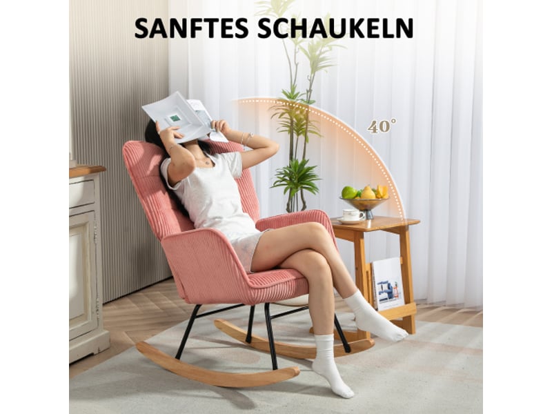 Fauteuil à bascule rose en tissu côtelé, accoudoirs et patins en bois, relax pour salon et chambre - Conforama D