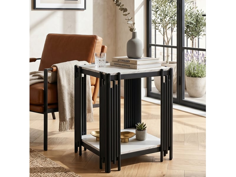  Table de chevet à 2 niveaux 43 x 40 x 54,7 cm, mdf effet marbre, noir et blanc  - Conforama E