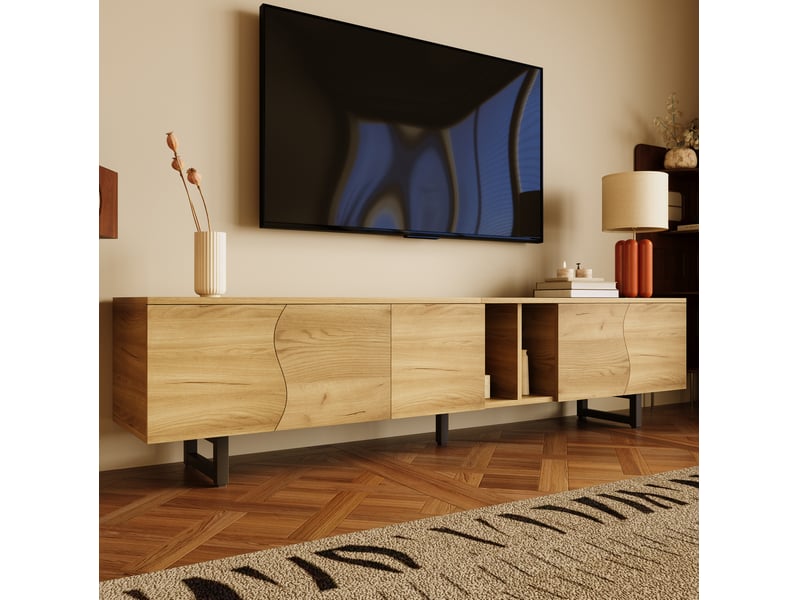  Meuble tv bas 5 portes 191x38x46,5 cm avec étagères ouvertes, finition naturelle  - Conforama C