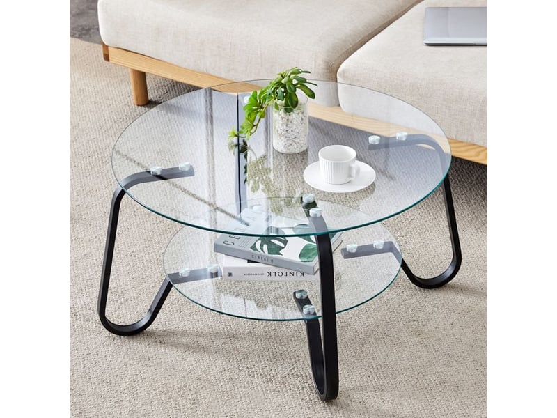  Table basse en verre trempé - design industriel moderne - cadre en métal robuste - deux niveaux de plateaux noir - Conforama D