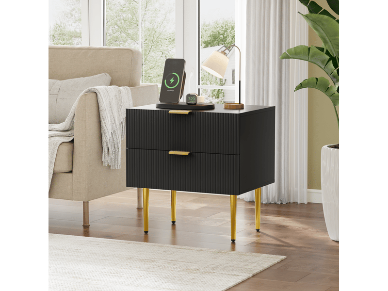  Table de chevet 53x41,5x52,5 cm, 2 tiroirs, motif ondulé moderne, meuble de chambre, pieds métal, rangement, mdf, noir  - Conforama D