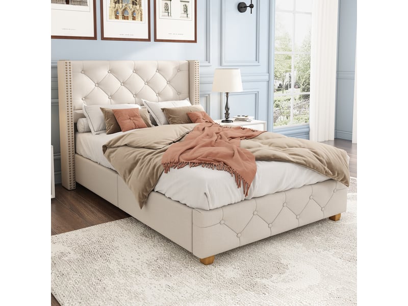  Lit rembourré 90 x 200 cm, tête de lit capitonnée à boutons et clous, sommier à lattes, pieds bois, lin beige evarich - Conforama E