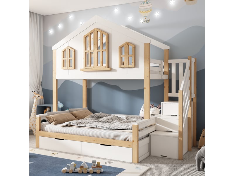  Lit superposé cabane 90x200 + 140x200 cm, escalier avec rangement, 2 tiroirs sur roulettes, fenêtres, sommiers inclus, bois, blanc et bois naturel Luxe haut de gamme - Conforama D