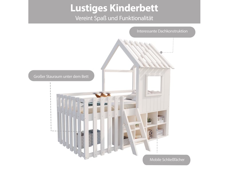 Lit mezzanine enfant 90x200 cm – blanc – cabane avec rangements mobiles, échelle et fenêtres - sans matelas - Conforama E