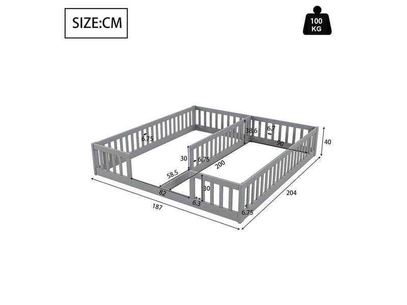  Lit enfant 90x200 cm, lit double au sol en bois avec barrière, design minimaliste, gris  - Conforama D