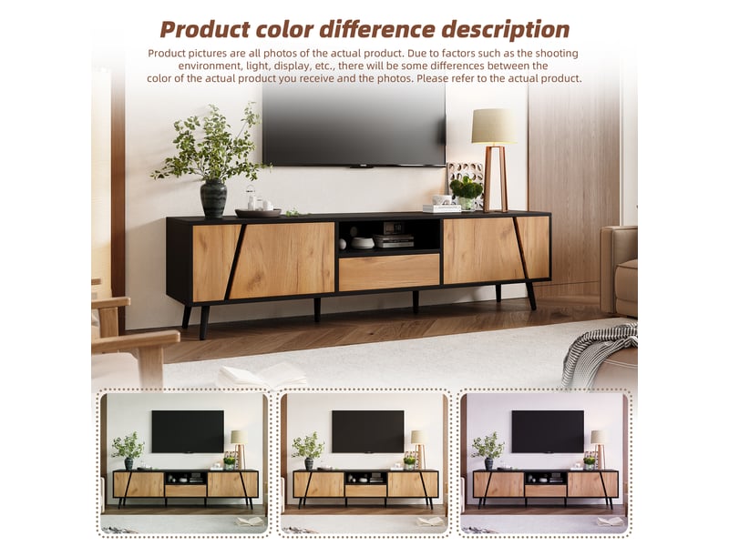  Meuble tv 180 cm noir et bois, meuble tv pour téléviseur 75 pouces avec 2 placards, tiroir et étagère ouverte  - Conforama W
