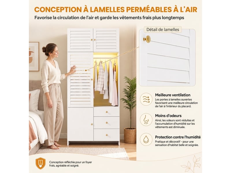  Armoire 6 portes blanche en mdf avec 5 tiroirs et 2 penderies 180x200 cm  - Conforama D