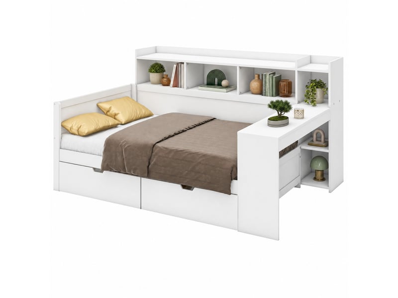  Lit combiné 90 x 200 cm avec bureau, rangements, 2 tiroirs, prise et usb, blanc  - Conforama A
