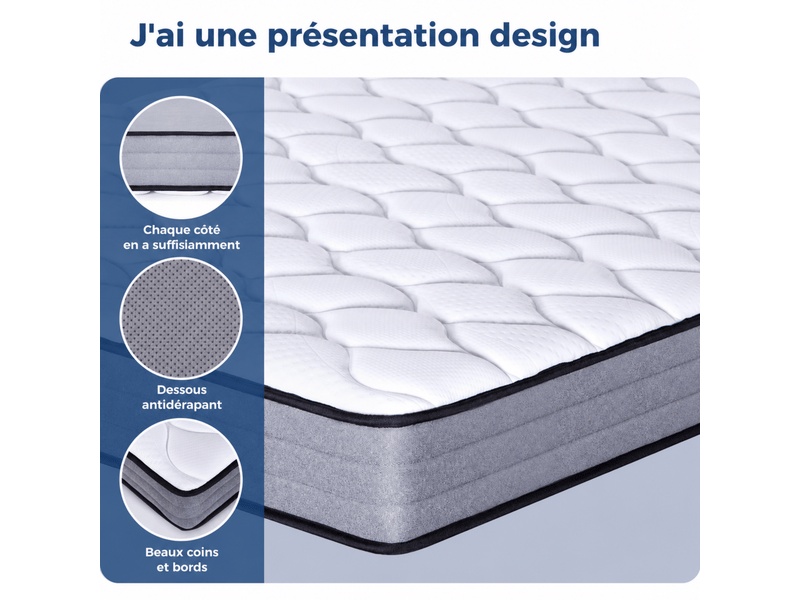  Matelas à ressorts ensachés 90 × 200 cm 1 place 7 zones en mousse à mémoire, confort 20 cm, blanc gris  - Conforama E