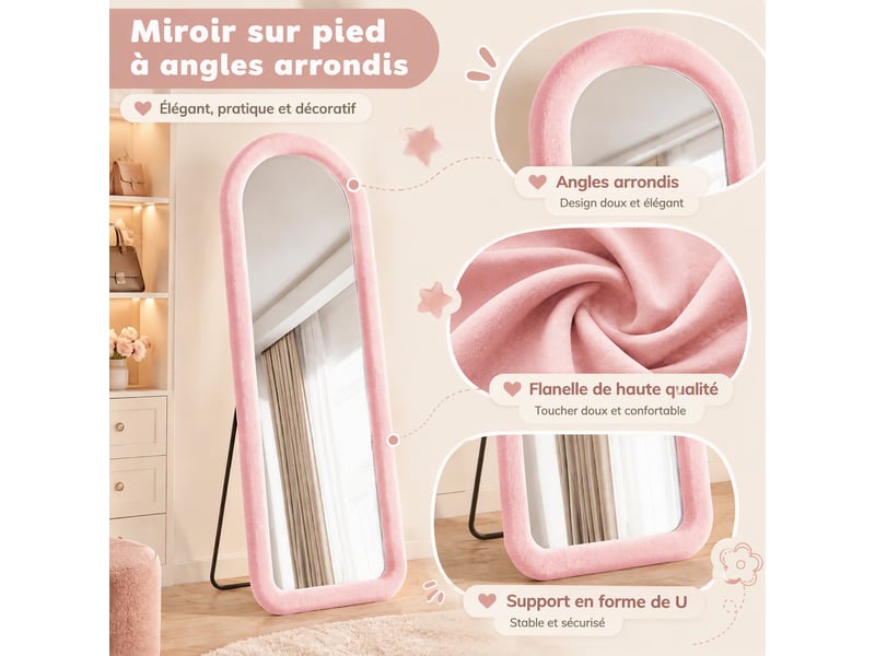  Miroir pleine longueur 160x50 cm, dressing rectangle arqué, pour chambre et salon, cadre en velours style romantique, avec pied u, rose  - Conforama D