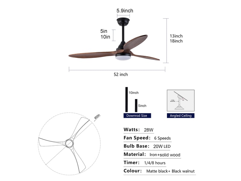  Ventilateur de plafond intérieur 132 cm noir avec éclairage led dimmable 3 cct, 3 pales en bois massif, moteur dc silencieux réversible  - Conforama E