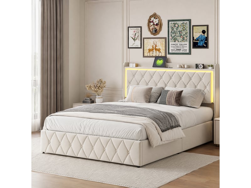  Lit double 140 x 190 cm,hydraulique, led, usb et de type c, cadre de lit coffre 140x190 cm, lit rembourré, beige,velours  - Conforama B