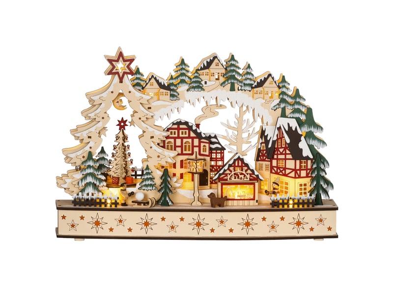  Village de noël lumineux, village de noël animé en bois, avec 20 led, paysage enneigé, 45l x 12l x 30h cm, bois naturel  - Conforama A