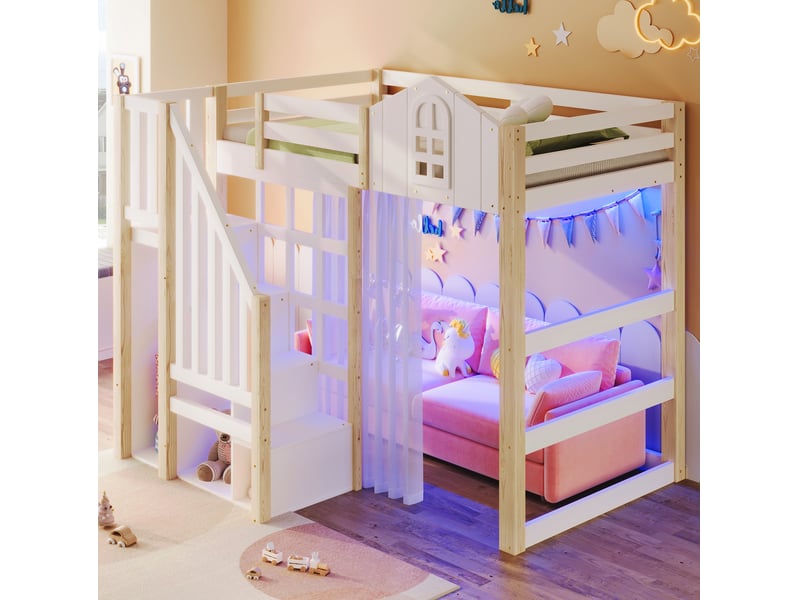  Lit mezzanine 90x200 cm avec led, forme fenêtre, échelle de rangement, bois et mdf, blanc et naturel sans matelas  - Conforama B