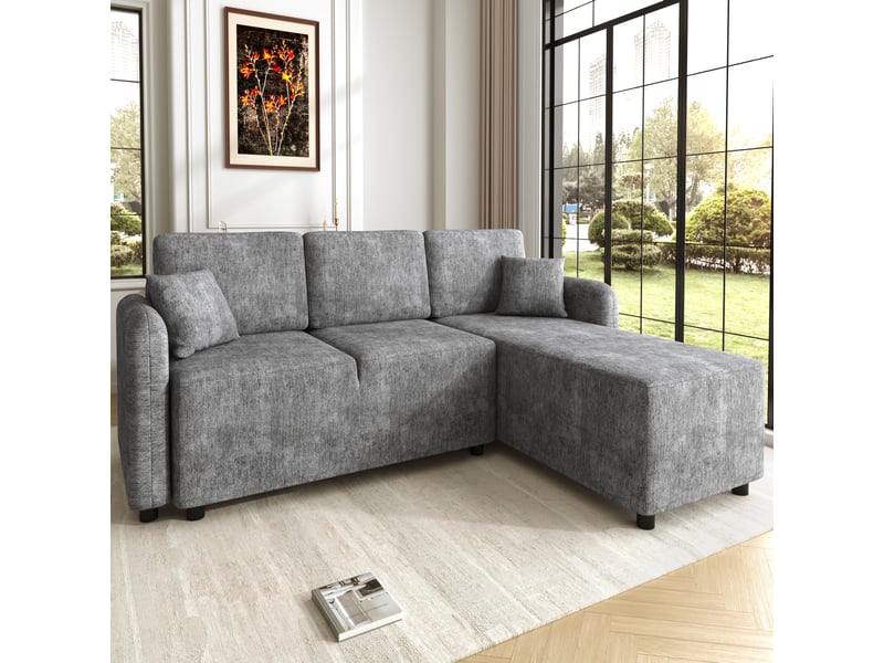 Canapé d'angle 3 places en l canapé modulable en chenille avec longue méridienne réversible 2 coussins, gris - Conforama R