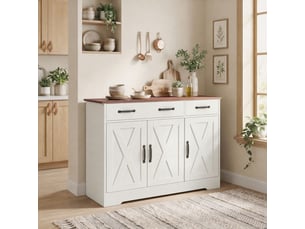 Buffet robbio style rural chic 3 portes blanc effet noyer rangement polyvalent