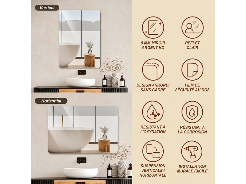  Miroir de salle de bain sans cadre 100x75 cm, hd anti-éclatement  - Conforama D