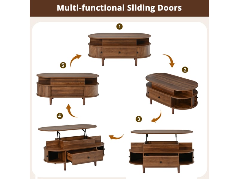  Table basse ovale relevable en mdf avec rangement caché, tiroir et portes coulissantes  - Conforama E