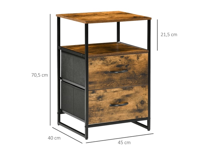  Commode industrielle - brun rustique - tiroirs pliables en tissu - étagères supérieures - cadre en acier robuste 45x40x70.5cm - Conforama C