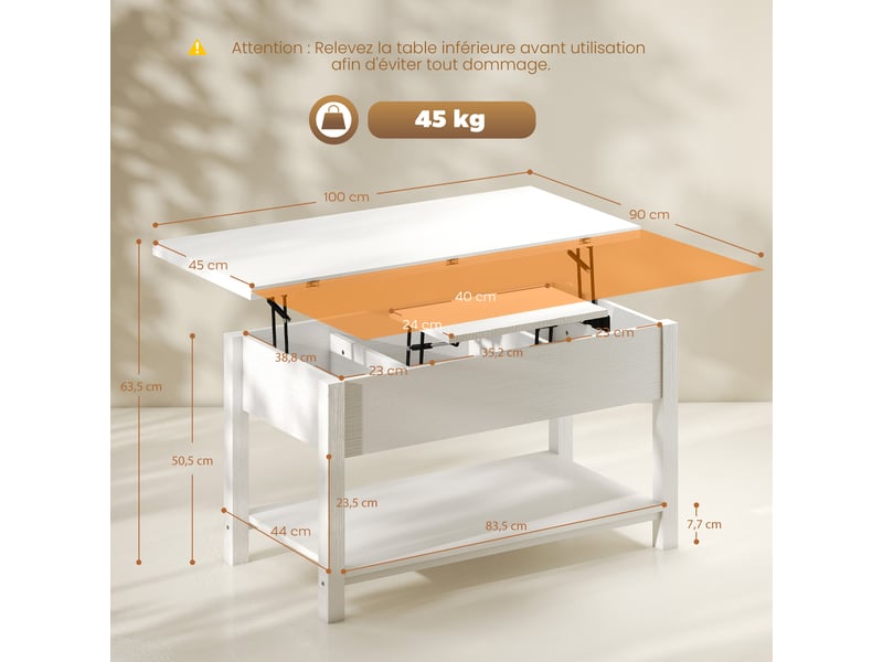  Table basse relevable et extensible table de salon avec compartiment caché étagère ouverte 100x45x50,5cm blanc  - Conforama C
