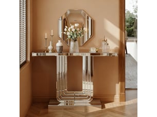 Console miroir 120 cm argentée, base en u stable, style moderne luxueux, facile à nettoyer