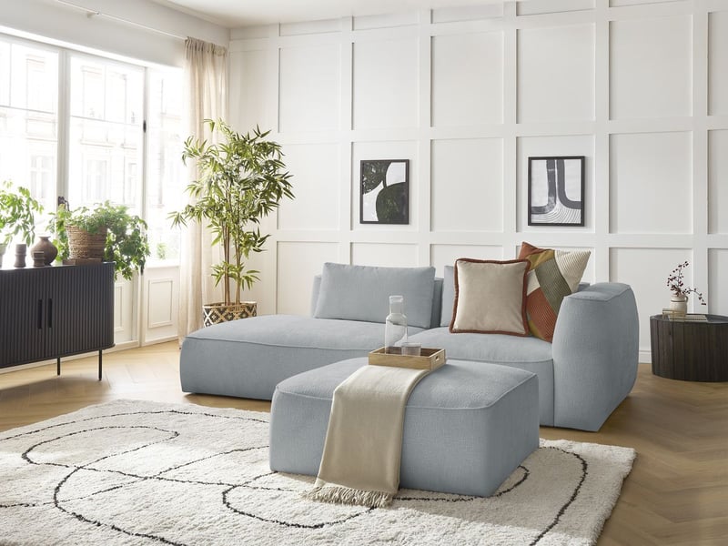  Bobochic canapé droit fixe 3 places leopold tissu texturé avec pouf gris clair  accoudoir droit LEOPOLD - Conforama B