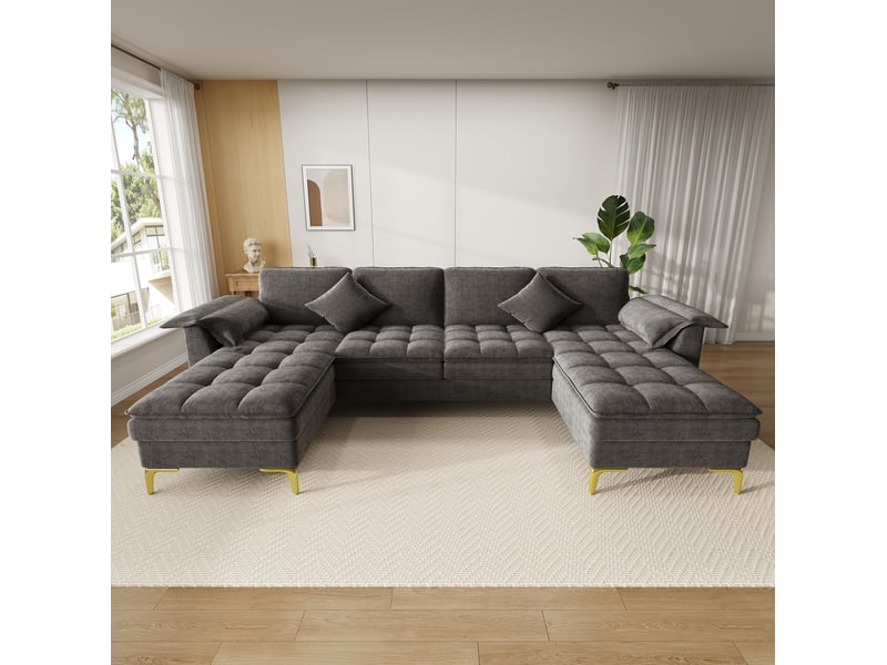 Canapé panoramique en u 4 places modulaire avec deux méridiennes, coussins et pieds en métal doré, en chenille gris - Conforama E
