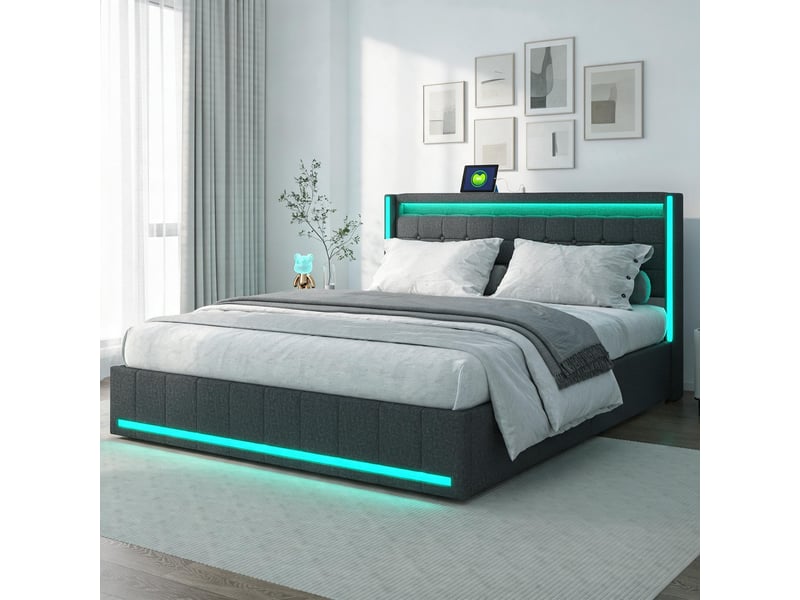 Cadre de lit avec rangement, 180 x 200 cm, doté de 4 tiroirs, lit double rembourré en lin gris foncé au design moderne, avec éclairage led et port usb (matelas non inclus) 231115TT0503#ADHWh5es1pFRHF - Conforama E