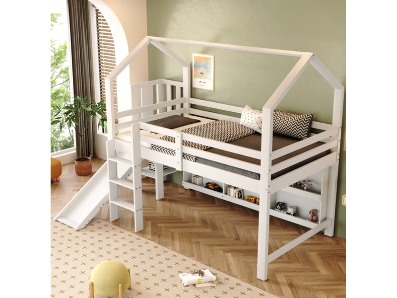  Lit enfant 90x200 cm avec toboggan et rangements en bois et mdf blanc  - Conforama B