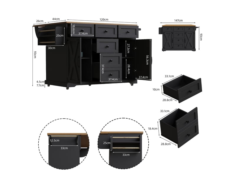  Îlot cuisine pliable, desserte mobile rabattable, 147x44-70x93 cm, charnières métal, mdf et métal, noir  - Conforama C