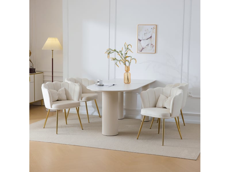 Lot de 4 chaises rembourrées ulevr en velours beige, dossier pétale, pieds en métal doré, coussins, 63 x 58 x 77 cm - Conforama B