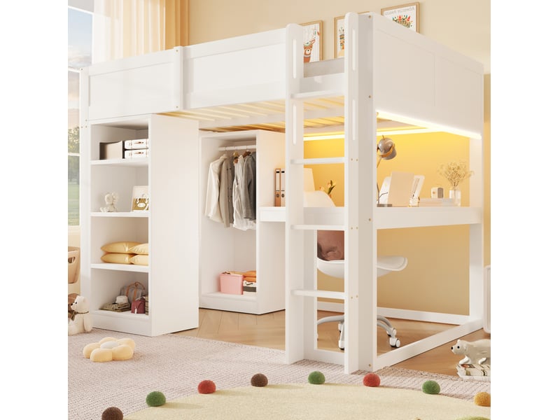  Lit mezzanine 140x200 cm, avec matelas non inclus, bureau en l, dressing, led, rangements, pin et mdf, blanc  - Conforama E