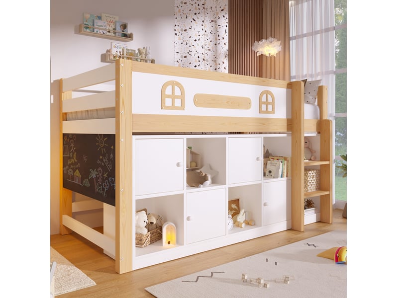 Lit surélevé 90x200 cm équipé de tableau noir, rangements et échelle, mdf, bois, blanc et naturel, matelas non fourni - Conforama B